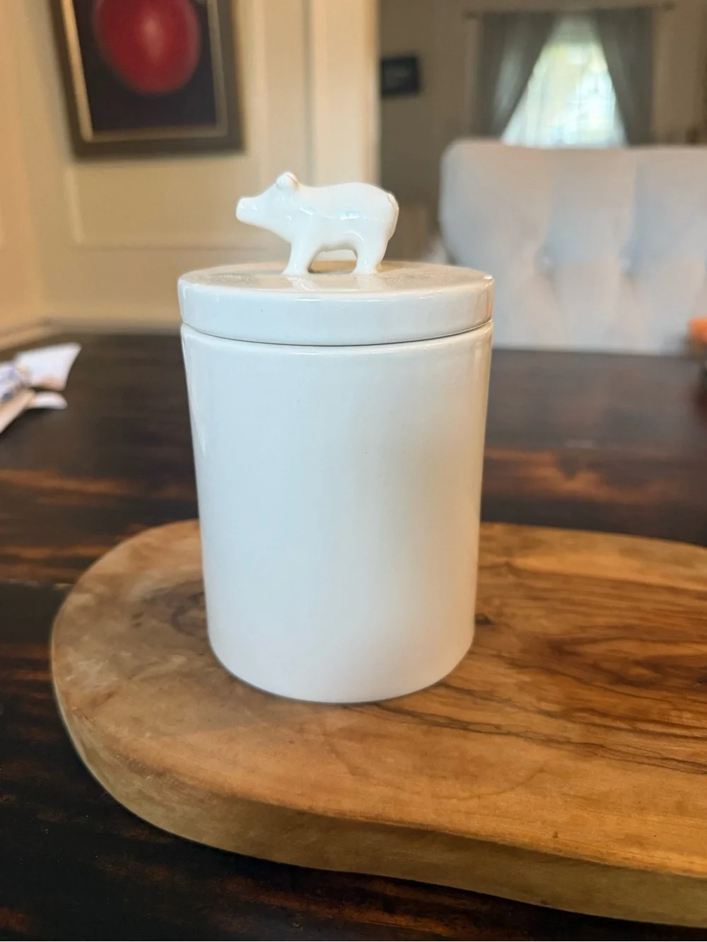 West Elm Glossy White Ceramic Canister with Pig Finial